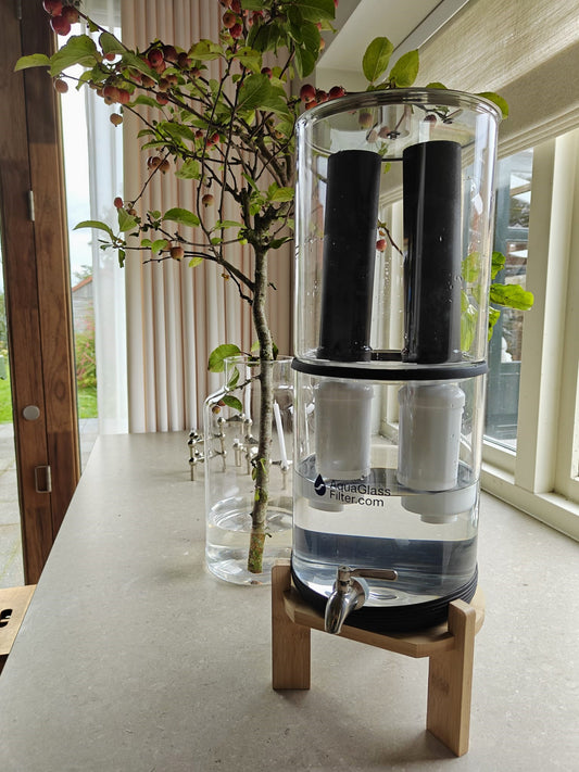 Glazen zwaartekracht waterfilter op houten standaard bij raam in lichte keuken